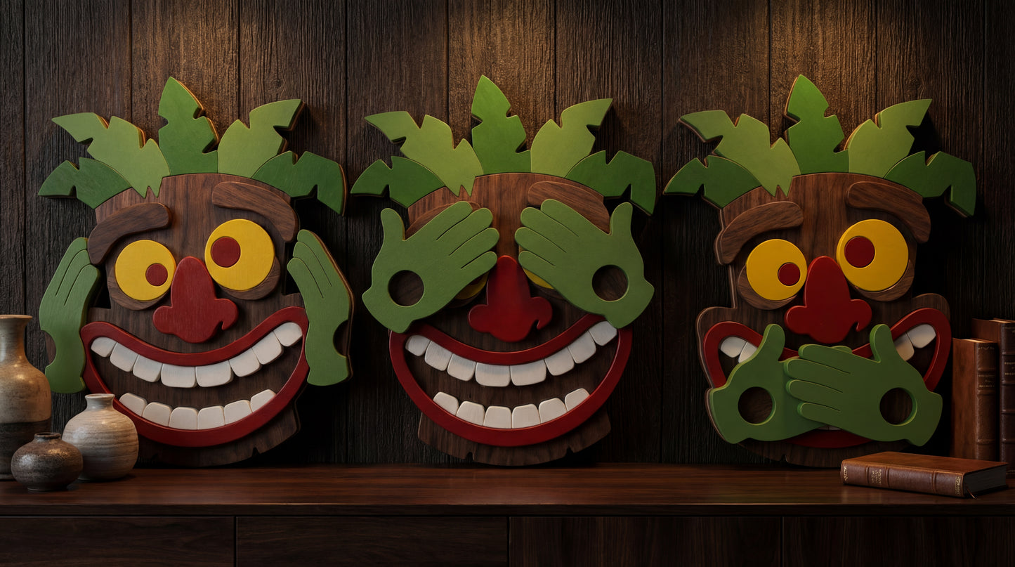 Trinity of Silence – 3D Wooden Wall Art Set (See • Hear • Speak)