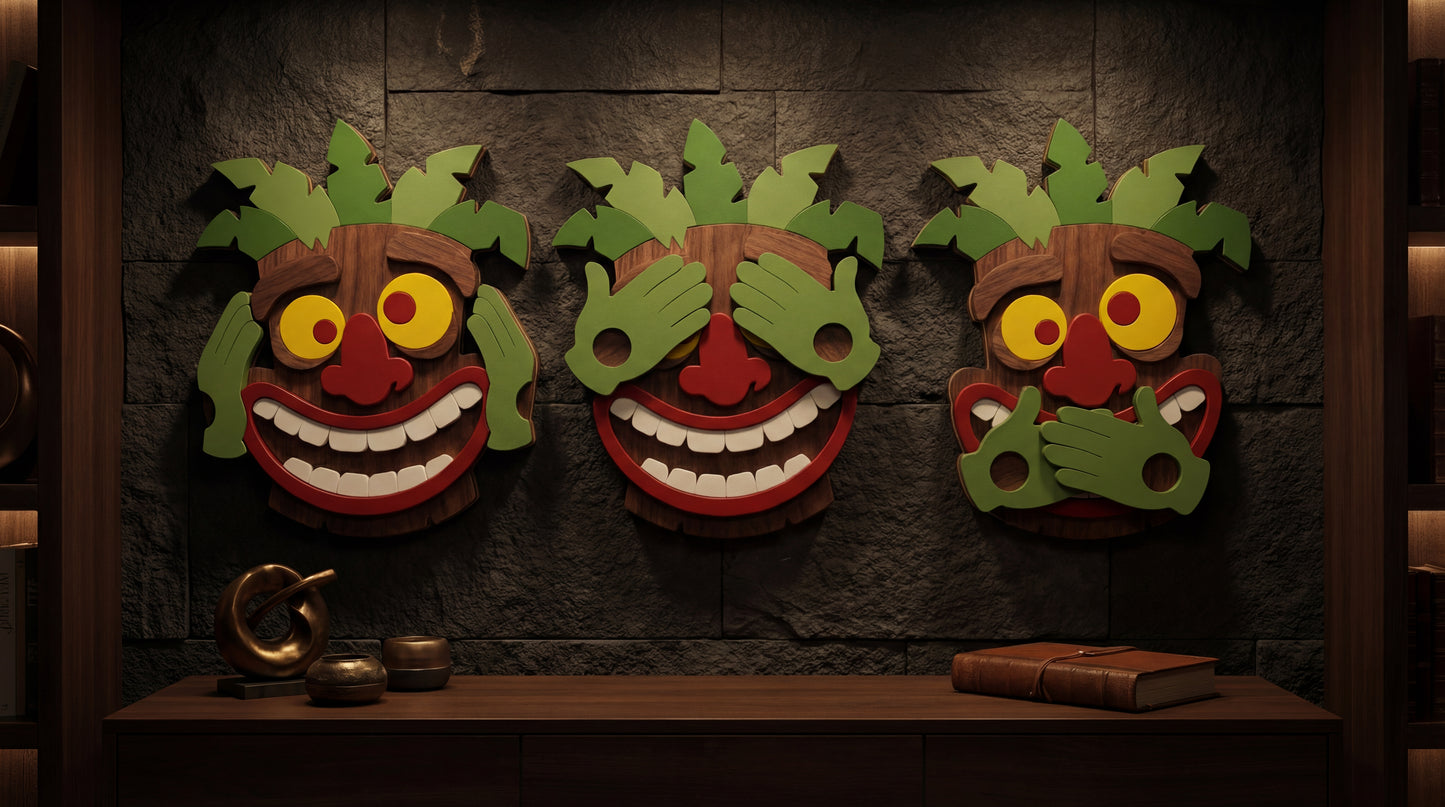 Trinity of Silence – 3D Wooden Wall Art Set (See • Hear • Speak)
