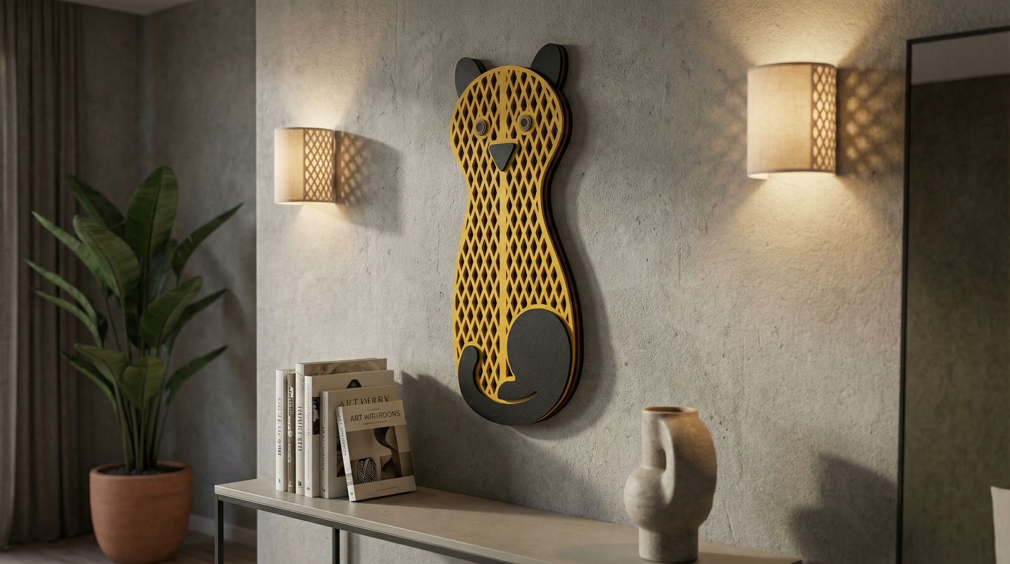 Golden Grid Cat  Mask  - Wooden wall decor